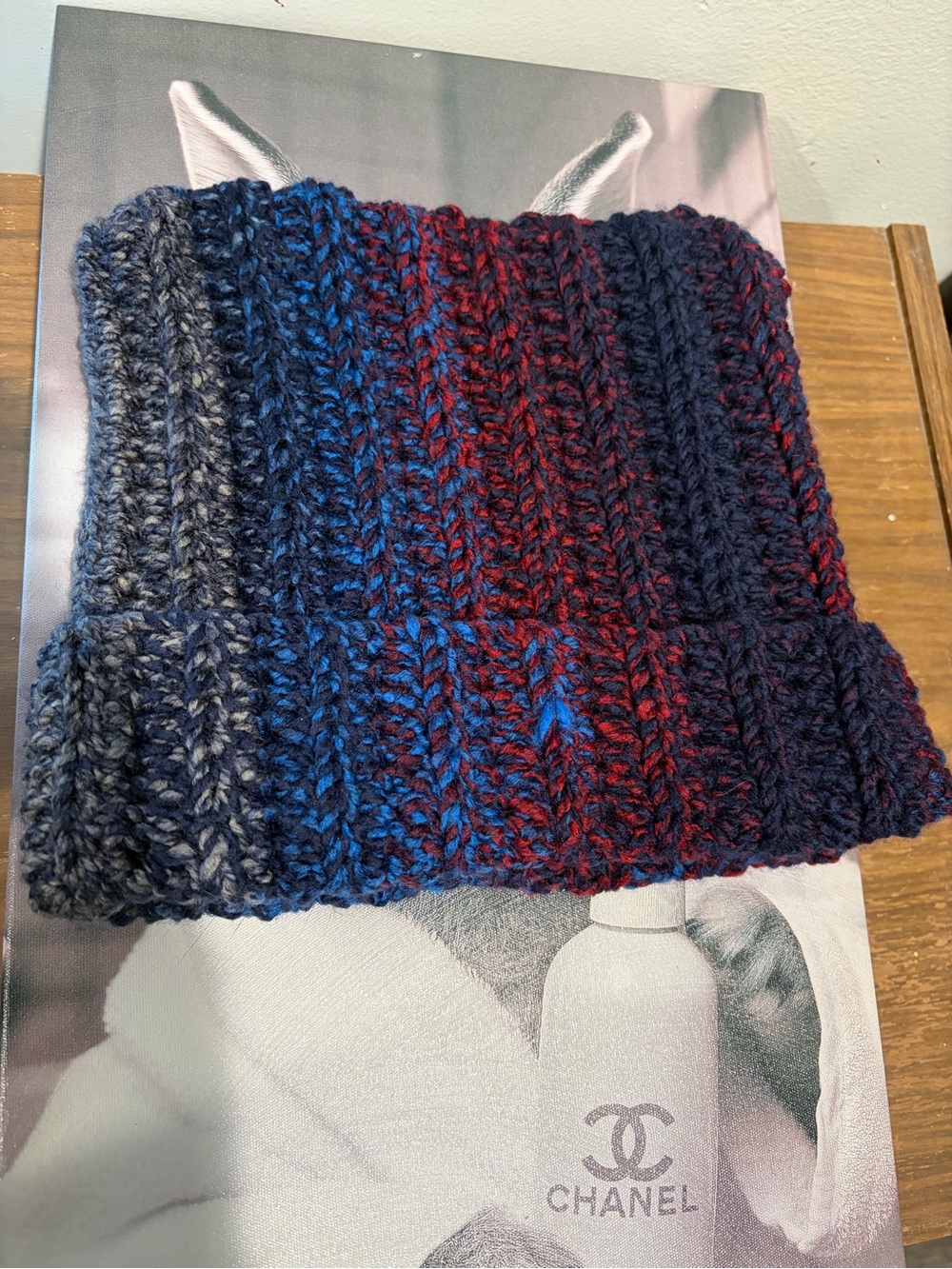 Handmade Crochet Cat Ear Beanie Blue Red Black Alt Grunge Winter Hat - Picture 5 of 5